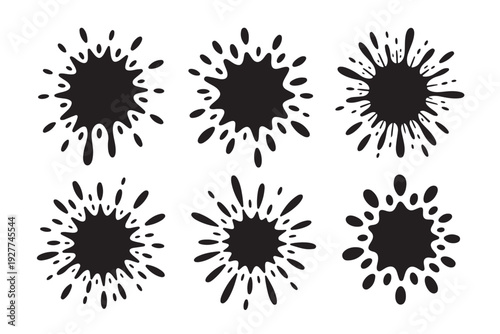 Six different black ink paint splash blots and splatters design elements for creative projects