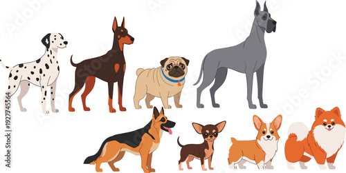 Dog Breeds Collection Vector Illustration with Dalmatian Doberman Pug Great Dane German Shepherd Chihuahua Corgi and Pomeranian Domestic Pet Characters Set