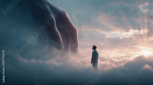 Man gazes up at a colossal hand emerging from clouds with divine light rays