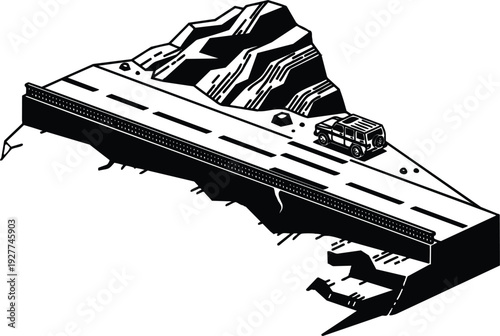 Isometric line art angle view of suv driving on cliff edge road with mountain backdrop stark black and white contrast