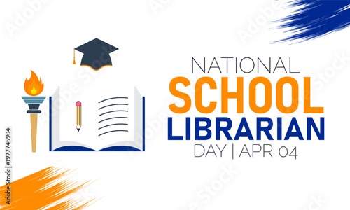 Celebrating National School Librarian Day on April 4th with a graphic of a librarian and books on a shelf
