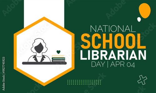 Celebrating National School Librarian Day on April 4th with a graphic of a librarian and books on a shelf