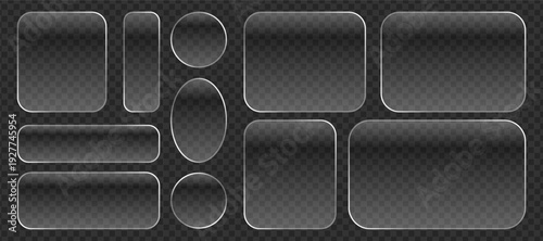 Liquid glass button interface, light frame banner set, futuristic light PNG banner frames, glass tech board panels mobile, glowing vector illustration.
