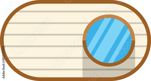 Ship porthole window with wooden cabin panel in flat vector style