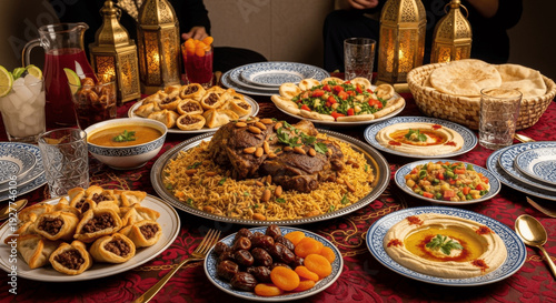 Traditional Iftar Spread with Dates, Fresh Fruits, Samosas and Refreshing Drinks