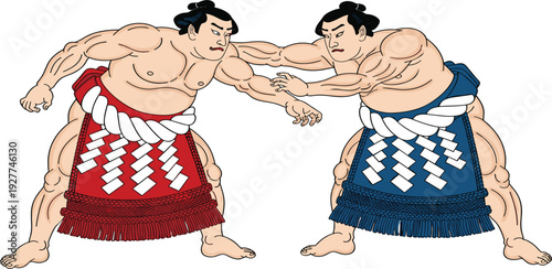 Japanese Sumo Wrestlers Illustration in Traditional Ukiyo-e Woodblock Style Featuring Two Rikishi Grappling in Mawashi Belts for Sports and Culture Designs