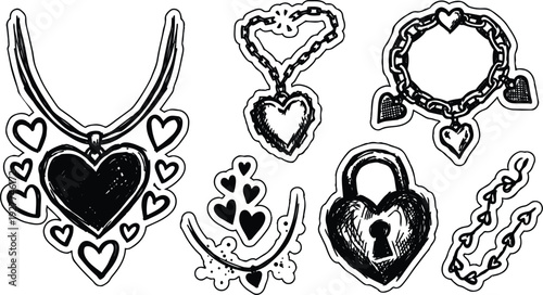 Tattoo flash valentines day heart jewelry set close up vector art layered necklace padlock charm chain hand drawn ink sticker