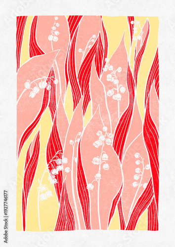 Bright spring poster in pink and yellow tones with a lilies of the valley flower illustration. Ideal for dopamine interior, Easter decor. Size A2