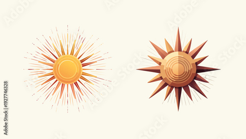 Two stylized sun icons featuring warm, radiant colors and geometric shapes, set against a neutral background