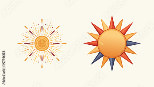 Collection of two distinct stylized sun illustrations showcasing vibrant celestial bodies with radiant energy, perfect for summer designs, weather forecasts, and bright, positive visual themes