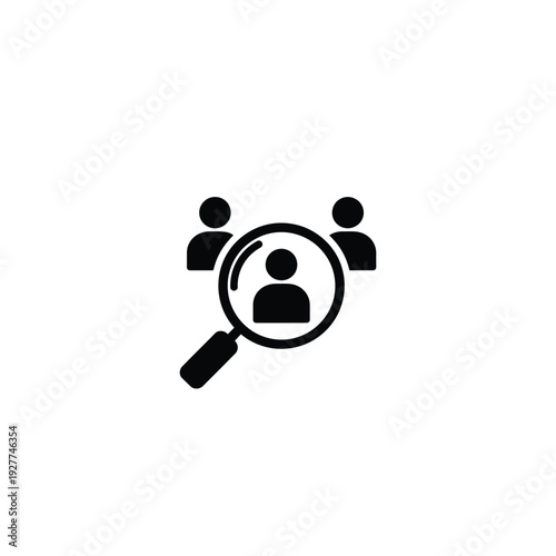 Magnifying glass examining a person icon surrounded by two others in a simple graphic illustration