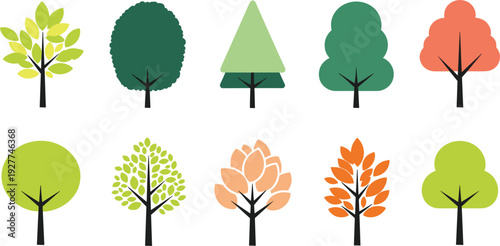 Minimalist Flat Design Tree Icon Set Featuring Geometric Shapes and Natural Colors for Mobile App Interface Web Graphics Environmental Branding and Infographic Elements