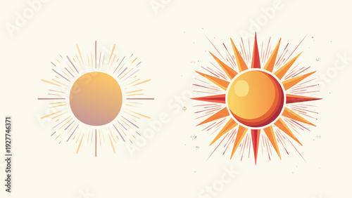 Two stylized sun illustrations in warm hues on a light background