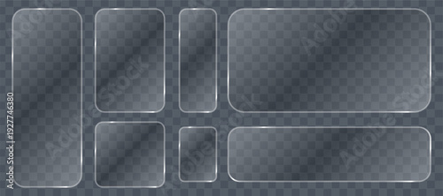 Liquid glass button interface, light frame banner set, glowing PNG light frame glass panels, tech board mobile app futuristic, vector illustration.