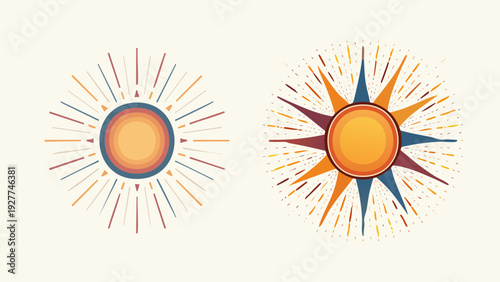 Two vibrant and stylized sun illustrations featuring radiant burst designs and colorful rays, perfect for summer themes, heat, and warmth graphics, evoking a sense of brightness and positive energy