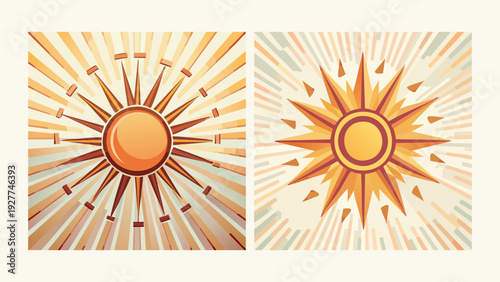Two stylized suns radiating light and warmth in a vibrant, abstract illustration
