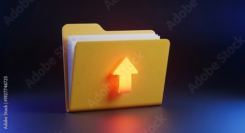 3D render of a yellow folder with papers and a glowing orange upload arrow icon