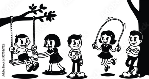 Retro cartoon 1950s children playing on swing jump rope and reading book in park low angle playful mood vintage scene