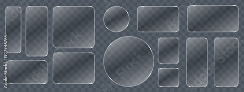 Liquid glass button interface, light frame banner set, light frame glass PNG tech set, mobile web futuristic glow banners, vector board frames.