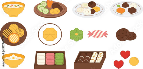 Traditional Korean Food and Dessert Icon Set with Rice Cake Soup Snacks Sweets and Cultural Cuisine Elements for Restaurant Menu Packaging and Festive Design