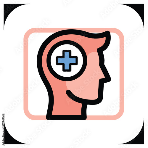 Modern vector icon illustrating mental health and psychological well-being, a human head profile with a medical cross symbolizing care, therapy, and cognitive support
