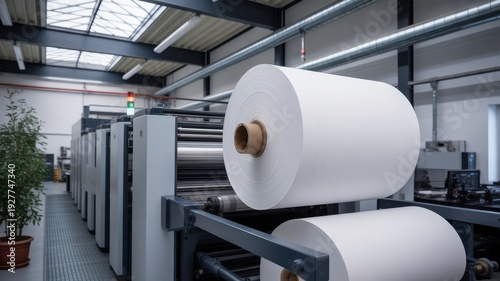 Industrial printing press with large white paper rolls in a factory setting