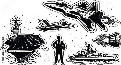Sticker sheet tattoo flash style fighter jet carrier pilot silhouette destroyer rocket exhaust vintage ink sketch composition naval aviation stickers