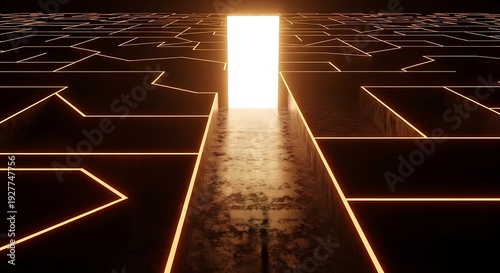 Glowing bright doorway in a dark, abstract digital maze with reflective floor