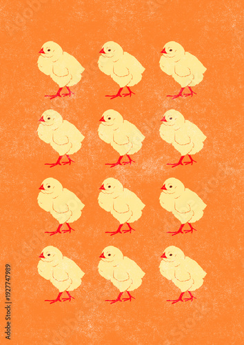 Bright spring poster in orange and yellow tones with a group of little cute yellow chickens illustration. Ideal for dopamine interior, Easter decor. Size A2