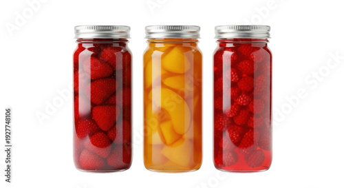 Obraz na plátne Isolated assortment of canned fruits delicious organic food strawberry peach ras