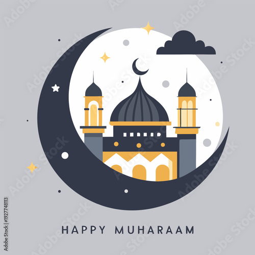 “Muharram Mubarak Islamic Illustration with Crescent Moon and Mosque Vector Design”