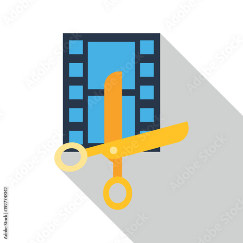 Scissors cutting a film strip icon, symbolizing video production and post production