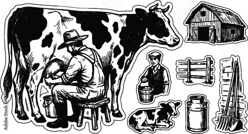 Engraving style close up of a farmer milking a black and white cow beside a rustic barn with wooden stool