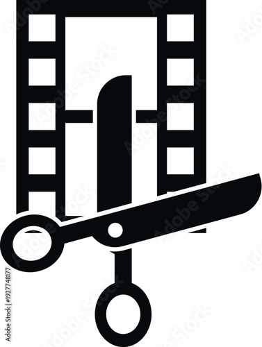 Icon showing a film strip being cut by scissors, symbolizing video editing and post production