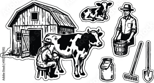Vintage engraving close up milking cow by seated farmer at wooden barn with milk pail and tools hand drawn sticker