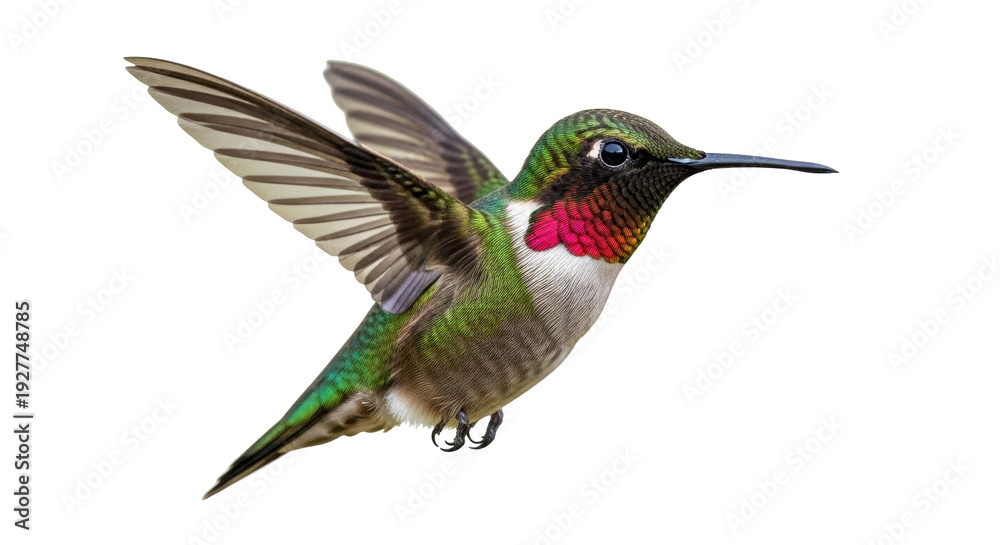 Obraz premium Isolated Ruby-throated Hummingbird flying, vibrant colorful bird hovering, wings spread, nature, ornithology