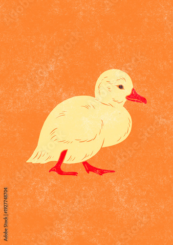 Bright spring poster in pink and yellow tones with a little cute yellow duckling illustration. Ideal for dopamine interior, Easter decor. Size A2