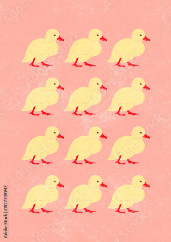 Bright spring poster in pink and yellow tones with a group of little cute yellow ducklings illustration. Ideal for dopamine interior, Easter decor. Size A2