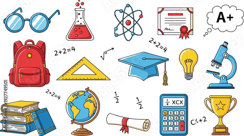 Education and School Supplies Vector Set with Backpack, Books, Microscope, Graduation Cap, Calculator, Globe, Chemistry Flask, and Learning Icons