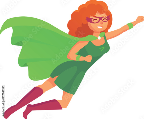 Powerful superhero woman with curly red hair and mask is flying wearing a green costume and cape, smiling and ready for action