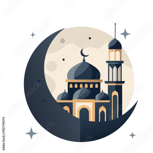 “Muharram Mubarak Islamic Illustration with Crescent Moon and Mosque Vector Design”