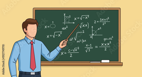 Teacher points to equations on blackboard in classroom, guiding students with pointer during lesson