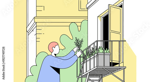 Watering Plants on a Sunny Balcony – Cartoon Person Nurturing Garden from Left Side