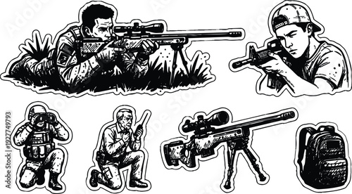 Tattoo flash sniper prone aiming with scope and soldier spotting teammates tactical gear backpack sketch sticker black white line art