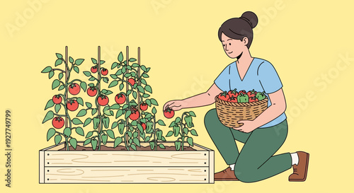 Cartoon woman kneeling harvest tomatoes in garden with wicker basket, bright sunny view