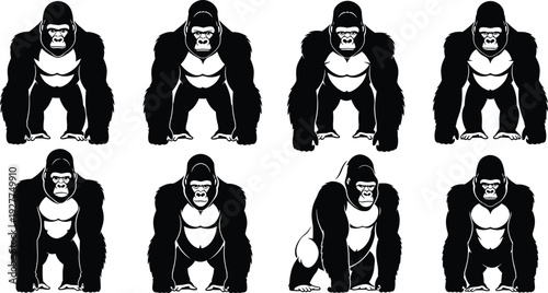 Gorilla, silhouette, animal, wildlife, primate, ape, strong, powerful, nature, zoo, silverback, forest, jungle, flavector, vector, illustration, collection, set, mascot, character,