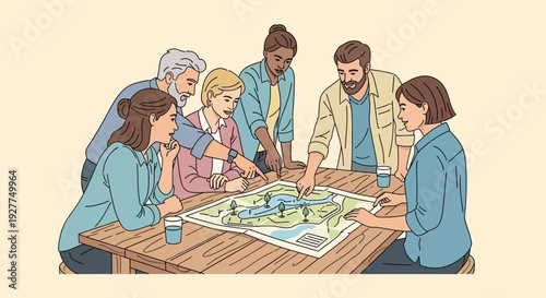 Men and women collaborate around a wooden table examining a topographic map in a neutral beige setting