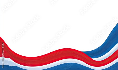 Red, white, and blue flowing ribbons curve upwards against a white background
