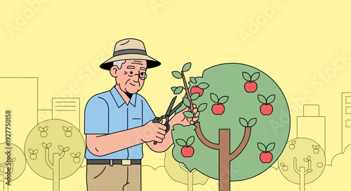 Flat Vector Cartoon Man Pruning Apple Tree with Cityscape in Yellow Background