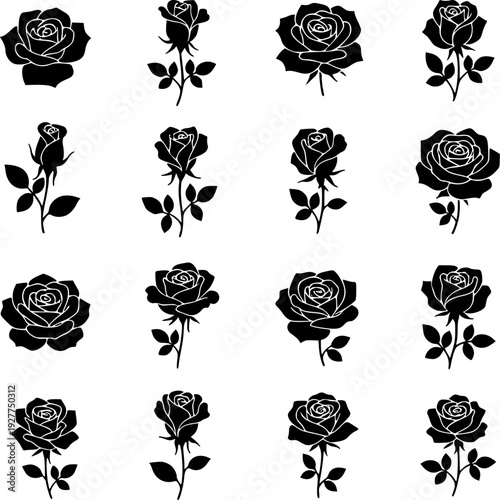 16 Premium Black Rose Icons - Wedding & Botanical Graphic Elements. Vector Illustration. Design Element. Clip art. Suitable for artwork design. Editable for any design.